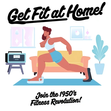 A vintage-style advertisement showcases a living room with mid-century furniture and décor. In the center, a woman is performing glute kickbacks on a colorful exercise mat. She is wearing classic 1950s workout attire, including a fitted crop top and high-waisted shorts, while her hair is styled in a period-appropriate manner. The background includes a retro stereo playing music and a potted plant adding a touch of greenery. Above her, large text reads "Get Fit at Home!" in a bold, playful font, while smaller text below emphasizes "Join the 1950s Fitness Revolution!"