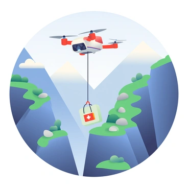 A drone with a sleek design and bright red and white coloring is suspended in the air above a rugged mountain landscape. The drone is equipped with a rope attached to a small first aid kit, which is being carefully lowered towards a rocky ledge below. Surrounding the drone, there are steep cliffs covered in patches of green vegetation and scattered boulders. In the background, snow-capped peaks rise majestically against a clear blue sky. The scene conveys the urgency and critical nature of the mountain rescue operation.
