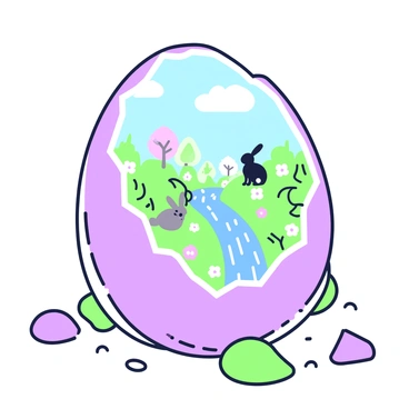 A large cracked eggshell is resting on a soft surface, with pieces of the shell scattered around. The interior displays a miniature world filled with lush greenery and tiny flowers. A small, sparkling river winds through the scene, reflecting light. Tiny animals, such as a rabbit and a bird, are present, surrounded by vibrant foliage. Above, a delicate blue sky can be seen, framed by the edges of the eggshell, emphasizing the enchanting atmosphere within.