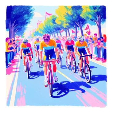 A team of cyclists in matching jerseys is racing down a paved road. Each cyclist is focused, demonstrating a powerful stance on their bikes. The cyclists wear bright, colorful jerseys, showcasing their team colors, and their helmets reflect the sunlight. Their bikes are sleek and aerodynamic, with thin tires gripping the road. The background features a tree-lined avenue, with blurred greenery indicating their speed. A crowd of spectators can be seen cheering and waving flags at the sides of the road.