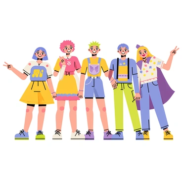 A group of five friends dressed as colorful gacha characters stands together, smiling widely for a fun photo. Each friend wears a unique costume inspired by their chosen character, showcasing bright colors and intricate details. One friend has vibrant blue hair and a flowing, layered outfit adorned with stars. Another friend sports a pink wig and a playful dress with ruffles. The third friend has spiky green hair and wears armor-like accessories. The fourth friend displays pastel-colored clothing with whimsical patterns, while the last friend has long purple hair and a cape that billows slightly. They are posing with peace signs and cheerful expressions, with a hint of playful energy in their stances. They stand against a simple, solid background that highlights their colorful costumes.