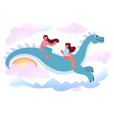 Children are riding on the backs of friendly dragons as they soar through a sky lit by a vibrant sunset. The dragons are large and have smooth scales in various colors, gliding gracefully through the fluffy clouds. The children are wearing colorful clothes, with their hair flowing in the wind. The sky is filled with a gradient of warm pastel colors such as pink, orange, and lavender. Silhouettes of distant mountains are visible beneath the dragons, adding depth to the scene.