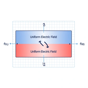 A diagram illustrates a uniform electric field between two parallel capacitor plates. The plates are rectangular, with the upper plate colored blue and the lower plate colored red. Arrows representing electric field lines are drawn between the plates, originating from the blue plate and pointing downwards toward the red plate. The space between the plates is labeled with the text "Uniform Electric Field" in bold, and there is a grid background to emphasize the symmetry of the field. The distance between the plates is clearly marked with a dashed line.
