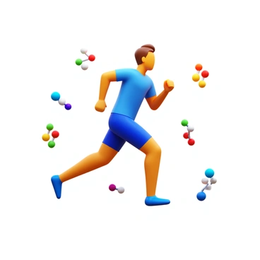 An athlete in motion, performing a dynamic sports action, such as sprinting or jumping. The athlete is wearing a fitted sports outfit, which includes a jersey and shorts. Around the athlete, there are glucose molecules represented as small, colorful spheres, floating and highlighting the area, with some molecules appearing larger to emphasize their presence. The scene captures the energy and movement of the athlete, showcasing the interaction between physical exertion and the glucose molecules.