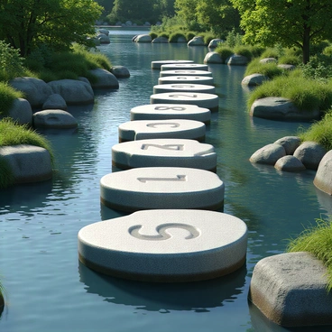 A series of large, flat stepping stones placed across a gently flowing river. Each stone is uniquely shaped and has increasing numerical values engraved on their surfaces, starting from "1" on the first stone and going up to "10" on the last stone. The stones are made of smooth gray granite, and the water reflects the sunlight, creating a shimmering effect. Surrounding the river, there are lush green plants and trees, providing a natural and serene environment. The scene captures a sense of adventure and exploration.