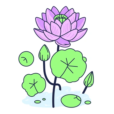 A detailed botanical sketch of a lotus flower is displayed. The central focus is on a large, open lotus flower with layered petals that have intricate textures, revealing their delicate structure. Surrounding the flower, there are several rounded green leaves, some floating on the water and others emerging from below. The stem of the lotus is visible, thick and sturdy, connecting the flower to the water's surface. Additionally, there are small, circular seed pods nearby, showcasing their unique shapes. The composition emphasizes the beauty and complexity of each part of the lotus plant.