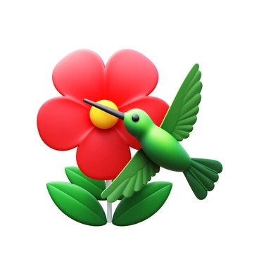A tiny hummingbird with iridescent green feathers is hovering in front of a bright red flower. The flower has large, open petals with a vivid hue, providing a stark contrast to the hummingbird's plumage. The hummingbird's long, slender beak is inserted into the flower, drawing nectar. Its wings are a blur, indicating rapid movement. Surrounding the scene are lush green leaves, adding depth and vibrancy to the composition.