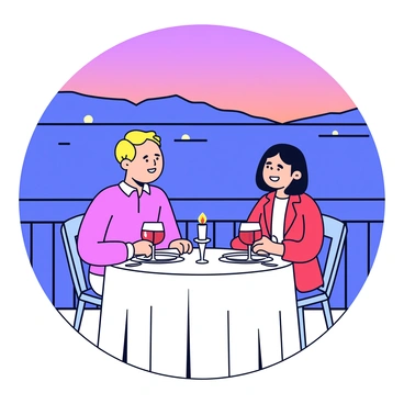 A small round table set for two on a balcony. The table is adorned with a white tablecloth and two elegant plates. Each place setting includes a fork and knife, with a glass of red wine beside each plate. A flickering candle in a glass holder is positioned at the center, casting soft light. The couple, a man and a woman, are seated across from each other, smiling and engaged in conversation. The background features the calm water of Lake Como, reflecting the twilight sky with shades of purple and orange. Silhouetted mountains outline the horizon, and a few twinkling lights from distant villas can be seen on the shore.