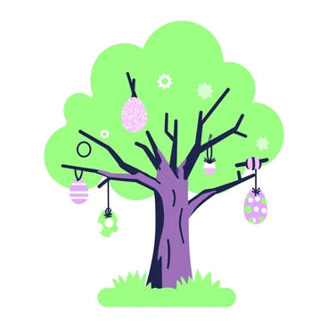 A tree with a thick, textured trunk stands prominently in the center of the image. Its branches stretch outward, adorned with several hanging Easter eggs. Each egg showcases a distinct pattern, including stripes, polka dots, and floral designs. The eggs are suspended at varying heights, creating a dynamic look. The tree's leaves are lush and green, framing the colorful decorations beautifully. In the background, there are hints of soft grass and a clear sky, emphasizing the festive atmosphere.