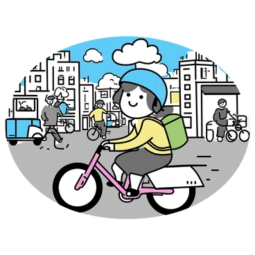 A cartoon character with large, expressive eyes is riding a bright red bicycle. The character is wearing a blue helmet and a green backpack, and they have a big smile on their face. Surrounding them is a bustling urban street filled with various buildings, including tall office structures and small shops. The ground is covered with a grey pavement, and the scene is filled with pedestrians walking, some holding coffee cups. There are cars and buses in the background, with a few cyclists on the road as well. The sky is clear with a few fluffy clouds, indicating a bright morning.