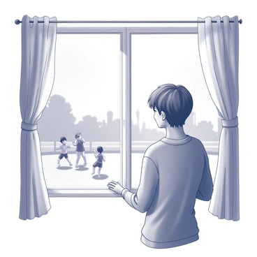 A person stands at a window, gazing outside with a contemplative expression. The window is framed with soft curtains that gently sway, revealing a vibrant scene of friends playing outdoors. The friends are engaged in a lively game, their laughter and movement contrasting with the stillness of the indoors. The person’s posture reflects a sense of longing and isolation, with one hand resting on the window sill. The scene captures the juxtaposition between the joyous activity outside and the individual's feeling of missing out on the fun.