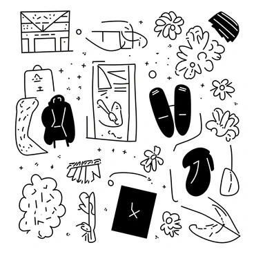 A collage made of various cut-out illustrations from magazines and papers. The images include different shapes and objects, such as geometric patterns, floral designs, and abstract forms. The collage features overlapping layers, creating a dynamic composition. Some cut-outs are arranged to form a larger image, while others stand alone. The background consists of a textured surface, enhancing the visual depth of the collage.