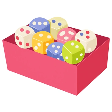 A collection of vintage dice with various colors and patterns, showing signs of wear and age. The dice are displayed on a deep red velvet-lined box, which adds rich texture to the scene. Each die features distinct pips and occasionally faded numbers, reflecting their history. The box has a smooth surface with rounded edges, enhancing the elegance of the presentation. The overall composition invites a sense of nostalgia and charm.