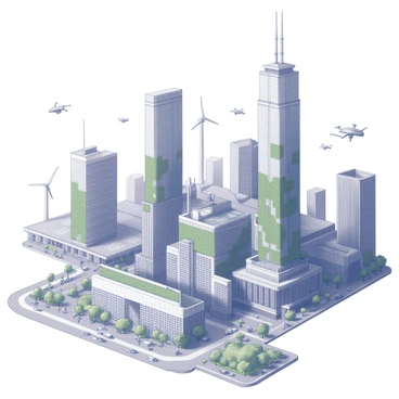 A sprawling cityscape filled with towering skyscrapers that feature sleek, modern architecture. The buildings have large glass facades and are equipped with vertical gardens on their exteriors. Below, streets are lined with greenery and pedestrian walkways, allowing for easy access to various areas. Advanced transportation systems can be seen, including electric vehicles and bike lanes. The sky is dotted with drones and flying vehicles, contributing to a sense of high-tech innovation. In the background, wind turbines and solar panels are integrated into the urban design, highlighting the commitment to sustainability.