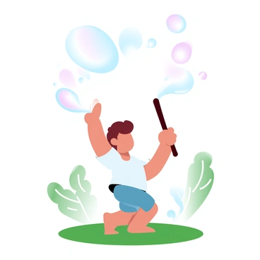 A child is standing in a grassy area, holding a bubble wand that is dipped in soapy solution. The child is in a playful stance, raising the wand to blow bubbles into the air. The bubbles are floating upward and catching the sunlight, creating a shimmering effect. The background shows a few trees with lush green leaves, and the sun is bright, enhancing the glistening appearance of the bubbles. A few bubbles are larger and reflecting multiple colors as they drift away.