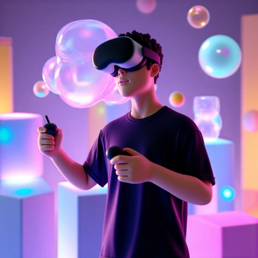 An artist with short, curly hair and wearing a black t-shirt is immersed in a virtual environment while creating a 3D digital sculpture. The artist has a VR headset on and holds the controllers in both hands. Surrounding them is a vibrant, glowing virtual space filled with floating geometric shapes and soft, colorful lights. The digital sculpture being created is a large, abstract form that appears to be made of translucent materials, reflecting the colors of the environment. The artist's focused expression shows their engagement in the creative process.