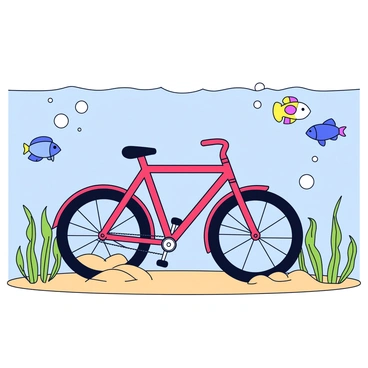 A bicycle with a bright red frame is partially submerged underwater. The wheels are partially covered in sand, and colorful fish of various sizes swim around it. There are small bubbles rising from the bike. The light filters through the water, creating a ripple effect on the sandy bottom. The scene is filled with green seaweed gently swaying in the currents around the bicycle.
