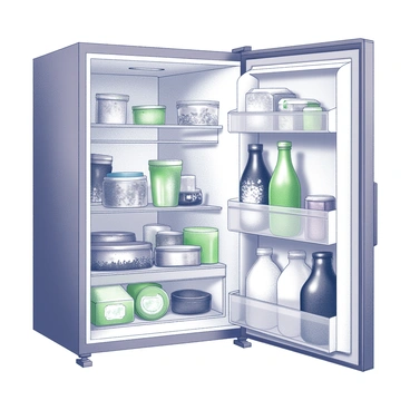 A refrigerator with its door wide open. The interior is cluttered with various containers and food items, all showing signs of spoilage. Some items are covered in green and black mold, while others are oozing with liquid. The shelves are disorganized, with expired products and leftover meals piled haphazardly. The exterior of the refrigerator is stainless steel, and condensation is visible on the outside. An ethereal wisp of unpleasant odor seems to linger in the air around the open door, suggesting the unsanitary condition inside.