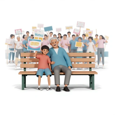 An elderly person, wearing a blue cardigan and gray trousers, is sitting on a wooden bench. Next to them is a child, dressed in a bright red t-shirt and denim shorts, who is smiling and holding a colorful poster that reads "Unity". The elderly person is leaning slightly towards the child, sharing a moment of laughter. The background features a gathering of people holding various signs and banners, creating a lively atmosphere. The sun is shining down, casting soft shadows on the ground around them.