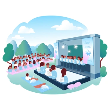 A large outdoor stage is set up in a park for a community concert. A choir, consisting of people of various ages dressed in matching attire, is standing in front of the stage, holding music sheets. Colorful banners displaying symbols of patriotism are draped around the stage. In the background, a crowd of enthusiastic spectators is gathered on blankets and folding chairs, some waving flags. The sky is bright blue with a few fluffy white clouds scattered above, creating a vibrant atmosphere for the concert.