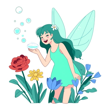 A teal flower fairy with delicate wings is gently blowing soap bubbles. The bubbles are floating in the air, reflecting the vibrant colors of the nearby flowers. Surrounding the fairy, there are various flowers, including red roses, yellow daisies, and blue tulips. The fairy has a bright smile and her hair is adorned with small flower petals. The sunlight glistens on the bubbles, enhancing the scene's enchanting atmosphere.