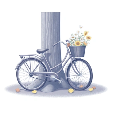 A vintage bicycle with a curved frame is leaning against a large tree with a textured bark. The bicycle features a classic design, including thin tires and a front-mounted basket. The basket is overflowing with various autumn flowers, including daisies and sunflowers. Leaves in shades of yellow and brown are scattered around the base of the tree, indicating the season. The scene is set in a tranquil outdoor environment, enhancing the overall picturesque quality of the image.