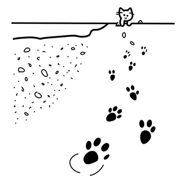 A line of tiny cat paw prints is imprinted in the soft, textured sand of a beach. The prints lead from the shore towards a patch of light scattered shells. Each paw print shows distinct details, highlighting the shape of the toes and pads. The surrounding sand has gentle ripples and occasional fragments of seaweed. In the background, the calm ocean waves can be seen lapping gently at the shoreline. The overall scene captures the moment of a small cat exploring its coastal environment.