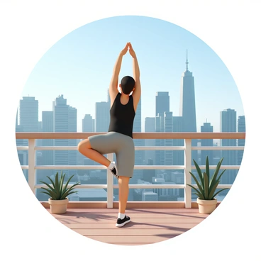 A person, wearing a fitted black tank top and gray athletic shorts, is stretching on a wooden balcony. Their arms are extended upwards, and they are standing on one leg while holding the other leg behind them. The city skyline is visible in the background, filled with tall modern skyscrapers and a clear blue sky. The sun casts soft shadows on the balcony, and a few potted plants are placed nearby, adding a touch of greenery to the scene.