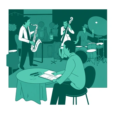 A teal artist is sitting at a wooden table in a dimly lit jazz club. The artist is focused on capturing the scene in a sketchbook with a pencil. In the background, there is a lively jazz band performing with a white saxophonist playing passionately. Next to the saxophonist, a white double bass player is providing a steady rhythm while a teal drummer is energetically hitting the drums. The club is adorned with small round tables that have teal tablecloths, and faint white lights create a warm ambiance. The audience is listening intently, with some people clapping along to the music.