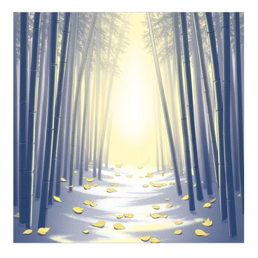 A bamboo forest displaying tall, slender bamboo stalks that create a dense canopy overhead. The ground is scattered with fallen leaves, particularly "golden leaves" that contrast with the green bamboo. Sunlight pours in through the gaps in the bamboo, creating patterns of light and shadow across the forest floor. The warm light gives the scene a soft glow, enhancing the natural beauty of the surroundings.
