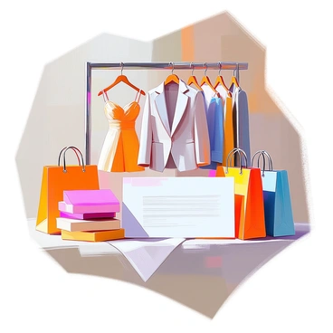 A chic clothing store voucher is prominently displayed in the center of the image. Surrounding the voucher, there are several elegant hangers holding fashionable outfits, including a trendy dress and a stylish blazer. Elegant shopping bags in various colors are scattered around the scene, adding a touch of vibrancy. The background features a tasteful display that enhances the upscale atmosphere of the clothing store.
