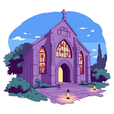 An ancient stone church stands tall with intricately carved details on its facade. The church features large stained glass windows that display vibrant scenes, their colors illuminated by the warm evening light. Soft golden rays filter through the glass, casting colorful patterns onto the stone floor inside. Surrounding the church, lush greenery creates a peaceful atmosphere, while a few small lanterns line the path leading to the entrance, enhancing the cozy ambiance. The sky above transitions to a deep blue, contrasting with the warm glow emanating from the church.