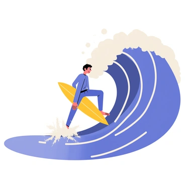 A surfer with short, dark hair wearing a bright blue wetsuit is riding a massive, curling wave. The wave is a deep blue color with white frothy crests at the top. The surfer is in a dynamic pose, leaning forward with one hand on the board, showcasing their skill and balance. The ocean splashes around them, and droplets of water catch the sunlight, creating a sparkling effect. In the background, a clear blue sky stretches above, enhancing the feeling of exhilaration and adventure.