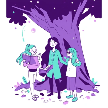 A group of four friends is gathered under a large, sturdy tree with a thick trunk and sprawling branches. "Meg" stands in the center, smiling, with her long flowing hair catching the light. To her left, a girl with bright teal hair is holding a glowing book, its pages shimmering in the soft light. To her right, a boy with light blue glasses is pointing excitedly at a small, floating orb of light above them. The ground is covered with colorful leaves, and the tree's branches are adorned with twinkling lights that create a magical atmosphere. Each friend is wearing comfortable clothing, reflecting their unique personalities, as they share stories and laughter in this enchanting setting.