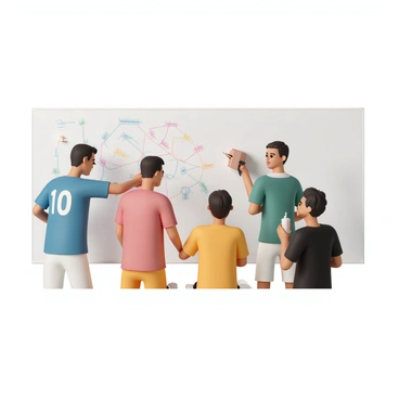 A group of five players is gathered around a large whiteboard covered in colorful markers and diagrams. One player, wearing a blue jersey with the number 10, is pointing at a specific play while the others listen intently. Another player, dressed in a red jersey, is taking notes on a clipboard. A third player, in a green jersey, has a pencil in hand and is drawing additional strategies on the board. The fourth player, wearing a yellow jersey, is leaning forward with a thoughtful expression, and the last player, in a black jersey, is holding a drink, nodding in agreement. The atmosphere is focused and collaborative as they discuss their game strategies.