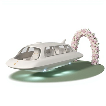 A sleek, futuristic hovercar, designed specifically for a wedding, is floating gracefully above a lush green lawn. The car features a shiny metallic finish in a soft pearl white color, reflecting the sunlight. Its aerodynamic shape includes elegant curves and intricate details, giving it an eye-catching appearance. Surrounding the hovercar are delicate floral arrangements in shades of pastel pink and white, adding a romantic touch to the scene. The interior of the hovercar is visible through large, tinted windows, showcasing plush white leather seats adorned with gold accents. In the background, a beautiful floral archway is set up, further enhancing the wedding theme. The hovercar is positioned slightly tilted, as if ready to take off, with subtle lights glowing underneath, emphasizing its futuristic technology.