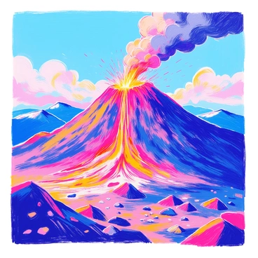 An erupting volcano stands tall with jagged edges and a glowing, fiery crater at the top. Bright orange and red lava flows down the rocky sides, contrasting with the dark volcanic rock. Thick plumes of gray smoke rise dramatically into the sky, creating a sense of movement and intensity. In the foreground, scattered rocks and ash are visible, hinting at previous eruptions. The landscape is rugged and barren, enhancing the power of the volcanic eruption.