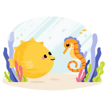 A puffer fish with round, spiky body and bright yellow coloring is facing a vibrant orange seahorse with curled tail and delicate fins. They are surrounded by a variety of colorful coral formations and small bubbles rising to the surface. Sunlight filters down through the water, creating dappled patterns on the sandy ocean floor. The puffer fish has a curious expression, while the seahorse appears to be playfully twirling around. Small schools of fish swim by in the background, adding life to the underwater scene.
