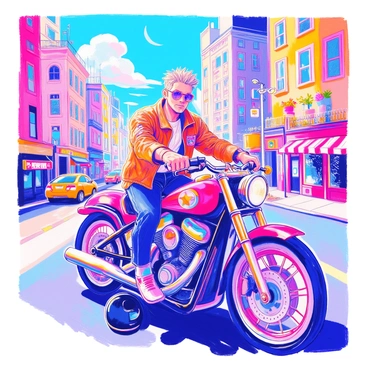 A strong biker with muscular arms is sitting confidently on a sleek motorcycle. He is wearing a leather jacket adorned with patches and a black helmet resting on his knee. The motorcycle is shiny, reflecting the surrounding environment. In the background, a bustling cityscape features tall skyscrapers, busy streets filled with cars and pedestrians, and vibrant storefronts. The sky is clear, and the sun is shining, casting light on the scene. There are a few clouds in the distance, adding depth to the background.