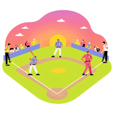 A softball game in progress on a grassy field with players positioned and ready. The sky is filled with vibrant hues of orange, pink, and purple as the sun sets in the background. Spectators are cheering from the sidelines, adding to the lively atmosphere. A player in a blue uniform is about to swing a bat while another player in a red uniform is poised at first base. The diamond and bases are clearly marked on the field, and a few fluffy clouds can be seen scattered across the colorful sky.
