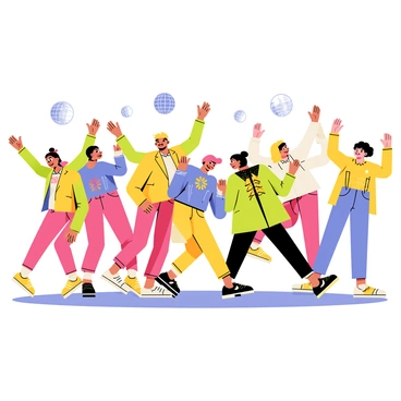 A lively dance party scene featuring a group of diverse dancers showcasing joyful movement. The dancers have rounder figures and are dressed in colorful outfits, dancing energetically. The background includes a disco ball reflecting light, and the floor is illuminated with vibrant patterns. Some dancers are mid-spin with arms raised, while others are striking dynamic poses, creating an atmosphere of celebration and fun.