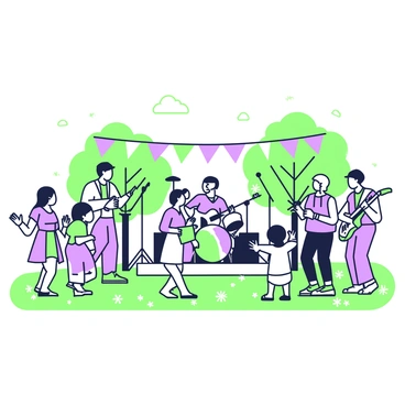 A lively outdoor music festival is taking place in a spacious area filled with green grass. On a stage at the front, a band is performing, with each member actively playing their instruments. The lead singer stands at the microphone, while the guitarist and drummer are positioned slightly behind. The crowd is gathered in front of the stage, with people of various ages enjoying the music. Some audience members are dancing energetically, while others are clapping their hands and swaying to the rhythm. Colorful banners and flags are draped around the festival area, adding to the festive atmosphere. In the background, trees provide natural shade, creating a warm and inviting environment for the event.