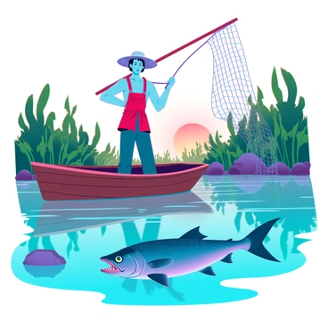 A fisherman with sun-kissed skin and a weathered straw hat is standing on a small wooden boat anchored in a river. He has a focused expression as he casts a large net into the water. Below the surface, a curious piranha with sharp teeth and vibrant scales is swimming close to the surface, intrigued by the movement of the net. The boat is surrounded by lush green foliage along the riverbank, and the water is clear, revealing rocks and underwater plants. The sun is setting in the background, casting a warm golden light over the scene.
