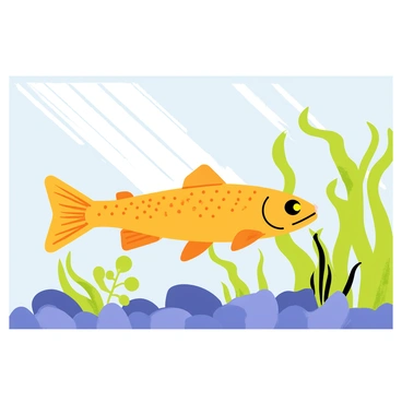 A brown trout swimming gracefully in a clear aquarium. The aquarium features a backdrop of lush green plants, creating a forest-themed environment. Sunlight filters through the water, casting gentle ripples. Rocks and pebbles line the bottom of the tank. The brown trout has distinct spots on its sides, displaying its vibrant colors. Small aquatic plants sway gently in the current, adding to the natural atmosphere.