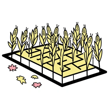 A tall corn maze with intricate pathways, featuring high stalks of golden corn. The maze is set against a backdrop of vibrant autumn leaves in shades of red, orange, and yellow, lying scattered on the ground. The scene is illuminated by soft, natural light, emphasizing the textures of the corn and the colorful foliage.