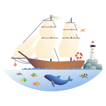 A line illustration features a large ship sailing on calm waters. The ship has three tall masts with billowing sails. Surrounding the ship are various sea creatures including a large blue whale, a pod of playful dolphins, and a school of colorful tropical fish swimming together. Nautical elements are visible, such as a compass rose nearby, a lifebuoy hanging at the side of the ship, and an anchor resting on the deck. In the distance, a lighthouse stands tall on a rocky shore, guiding the way.