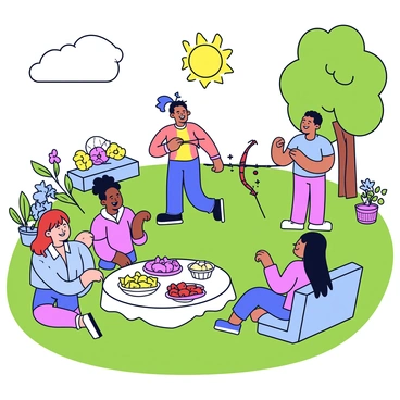 A cozy backyard setting filled with green grass and colorful flowers. A group of friends is gathered around a limbo stick, laughing and taking turns bending backward to limbo under the stick. Nearby, a table is laid out with an assortment of snacks, including bowls of chips, fresh fruit, and colorful dip. The sun is shining brightly, casting warm light over the scene, and a few trees provide gentle shade. Everyone appears cheerful, engaged in conversation and enjoying each other's company.