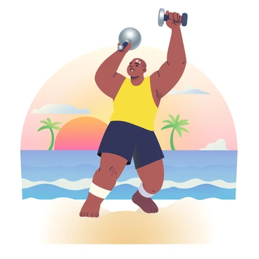 A person with dark skin is performing a kettlebell swing on a sandy beach at sunrise. The individual is wearing a bright yellow tank top and black shorts, with sweat glistening on their forehead. The kettlebell is a sleek silver color, and it is being swung high above their head. The sky is a blend of orange and pink hues as the sun rises above the horizon, casting a warm glow on the ocean waves gently lapping at the shore. In the background, soft silhouettes of palm trees frame the scene, completing the tranquil beach atmosphere.