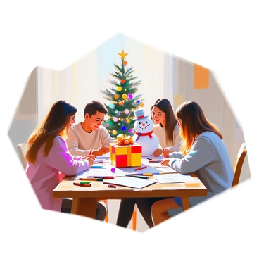 A group of four friends gathered around a wooden table, each of them focused on their own drawing. One friend is sketching a tall, decorated Christmas tree adorned with colorful lights and ornaments. Another is illustrating a large gift box wrapped in shiny red paper with a golden bow. A third friend is creating a snowman with a scarf and a carrot nose, while the last one is drawing a string of holiday lights. The table is cluttered with colored pencils, markers, and sheets of paper filled with various holiday-themed sketches. Each friend is wearing festive sweaters, adding to the cheerful atmosphere of the scene.