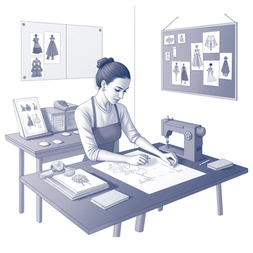 A designer is seated at a large drafting table covered in sketches and fabric samples. The designer is focused, drawing intricate patterns for a period costume that reflects a specific historical era. Various pieces of ornate fabric, including lace and brocade, are spread out nearby, showcasing textures and patterns. Tools of the trade, such as scissors, pins, and a sewing machine, are visible in the scene. The designer occasionally glances at a vintage book of fashion illustrations for inspiration, while swatches of color are pinned around the workspace to aid in the creative process. A mood board displaying images of period costumes and accessories is mounted on the wall in the background, providing context to the design work.